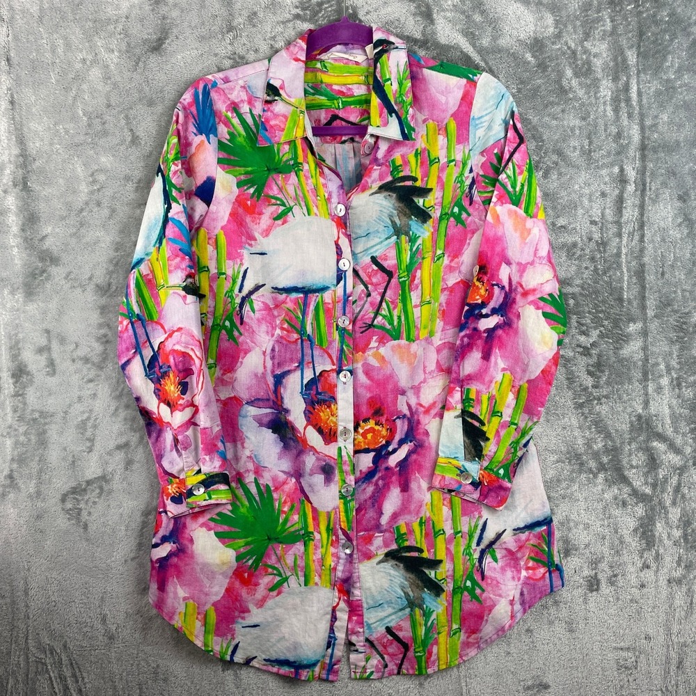 Soft Surroundings Tunic Top Women XS Watercolor Bird Abstract Long Sleeve Blouse